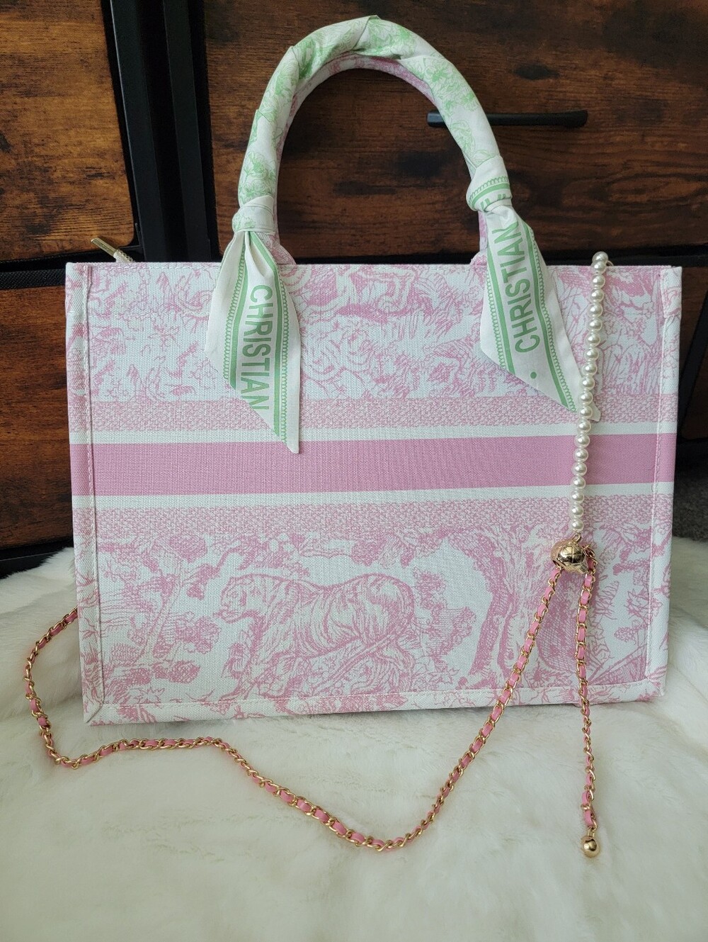 Large Pink Toile Tote Bag jacquard embroidery exquisite graffiti With Strap